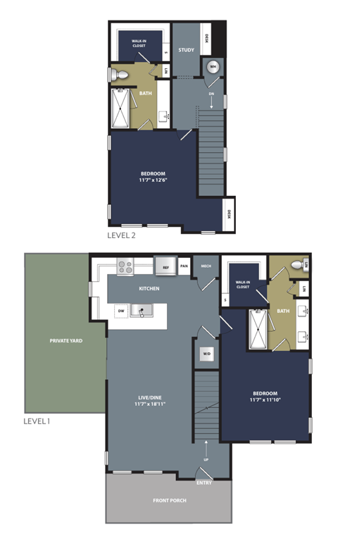 Floor plan for 2 beds, 2 baths, 1257 sqft